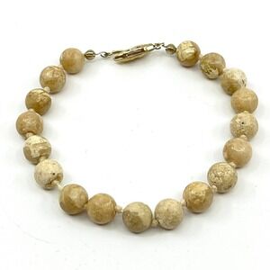Vintage Gold Tone‎ Jasper Quartz Beaded Strand Bracelet Tan Beige Knotted Boho